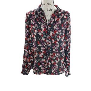 Elle Button Down Blouse Size S Floral Long Sleeve Black Red Lightweight Chiffon